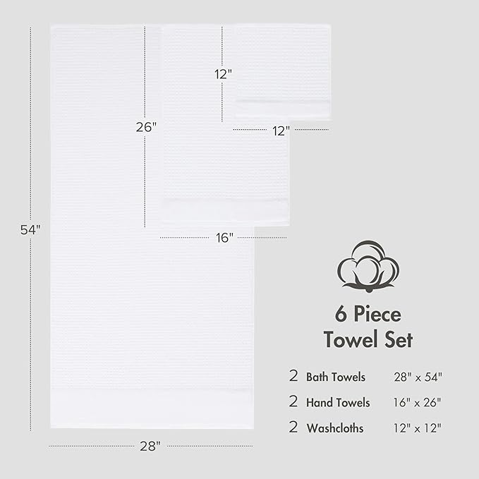 Madison Park Spa Waffle 100% Cotton Luxurious Towel Set, Premium Texture Waffle Weave, Highly Absorbent, Quick Dry, Hotel & Spa Quality Wash Clothes for Bathroom, Assorted Sizes, White 6 Piece