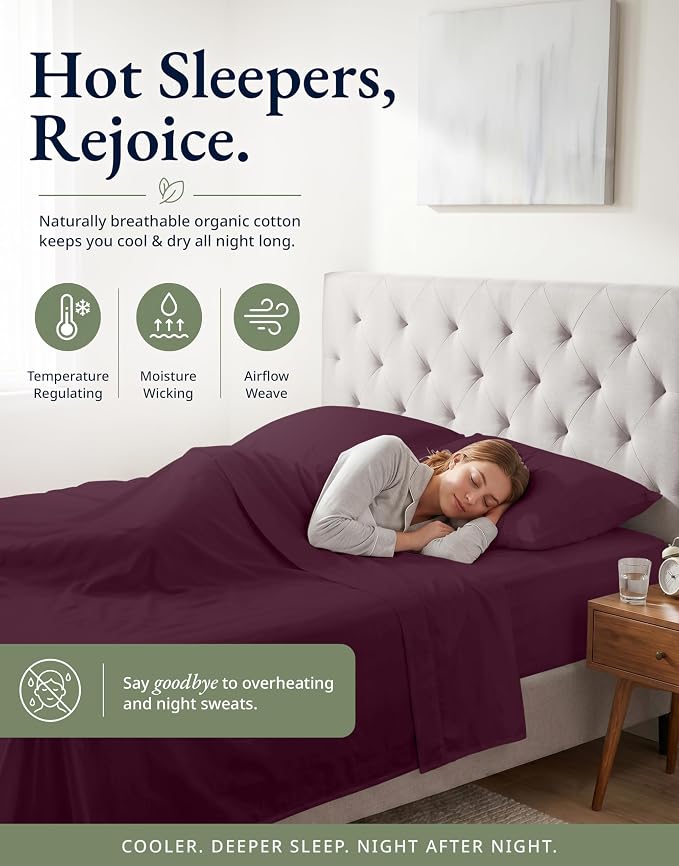 LANE LINEN 100% Organic Cotton Twin Fitted Sheet, 2-Piece Set (1 Fitted Sheet, 1 Pillowcase), Percale Weave, Lightweight, Soft, Breathable, Fits Mattress Upto 15' Deep - Windsor Wine (No Flat Sheet)