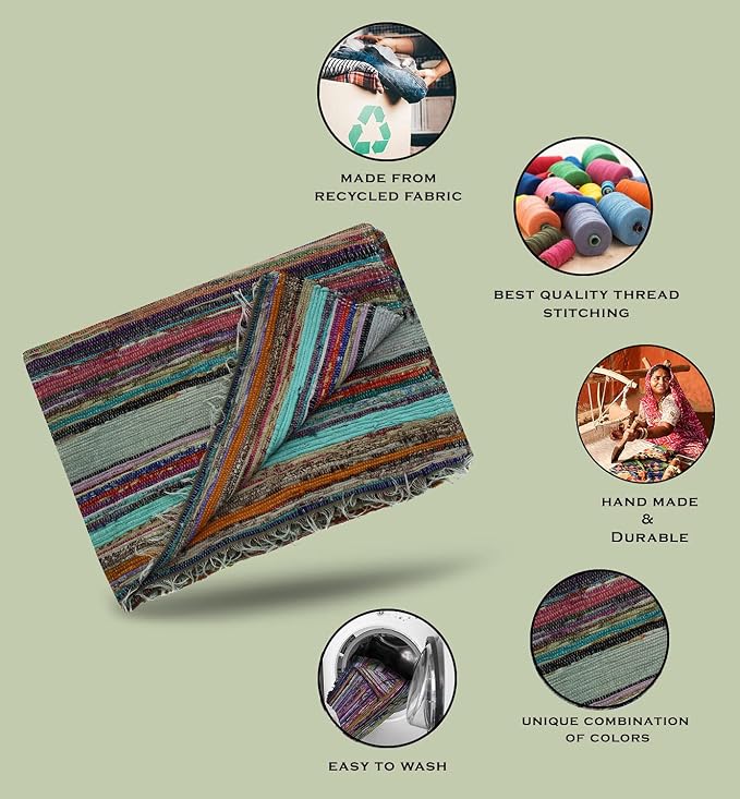 Fair Trade Handmade Rag Rug - Chindi Rug, Multi Colored Indian Mat, Recycled Decorative Boho Rug (5ftx3ft) (Green)