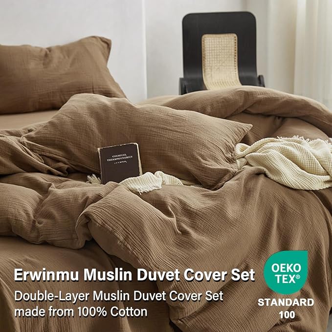 Muslin Duvet Cover Set 100% Cotton King Size,Double-Layer Linen Like Gauze Comforter Cover Brown 3 Pieces,Okeo-tex 100 Certified Duvet Cover 104"x90" with 2 Pillowcases for All Season