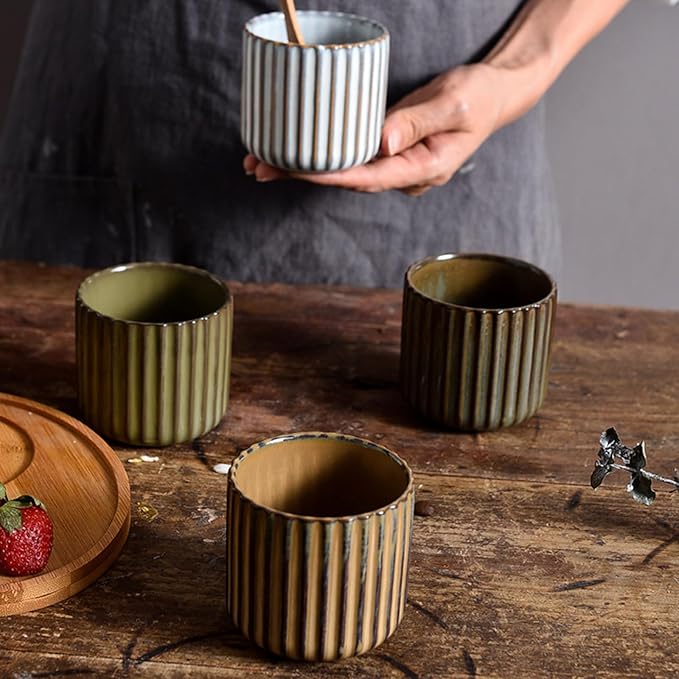 Vintage Ceramic Mug, Japanese Tea Cup 6oz Striped Cup No Handle Drinking Cup for Espresso, Cortado, Matcha, Green Tea, Microwave and Dishwasher Safe, Kiln Transformation Cup (White)