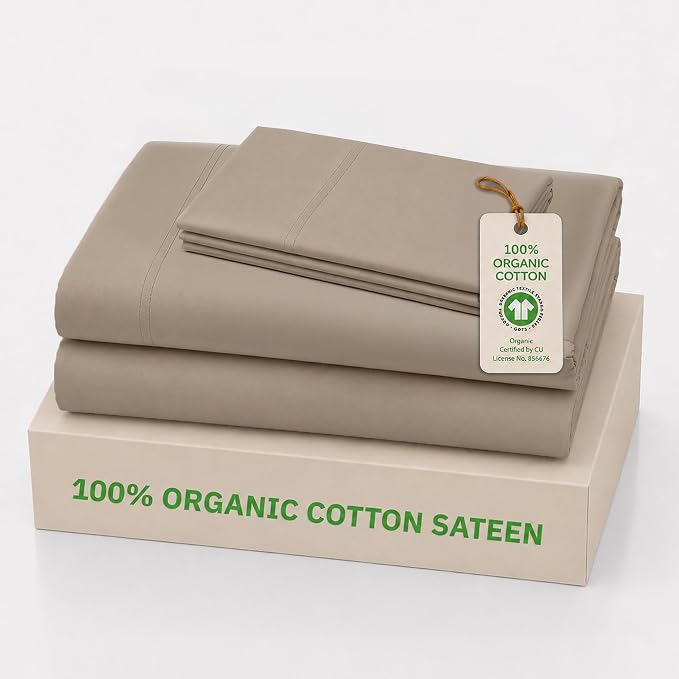 California Design Den Twin XL Sheet Set - 100% Organic Cotton, Soft and Lightweight Sateen, Deep Pocket Organic Sheet Set, Durable Bedding - Warm Taupe