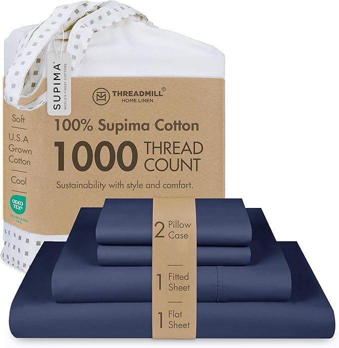 Threadmill California King Sheets, Certified American Supima Cotton Sheet, 1000 Thread Count Hotel Quality Sheets, 4 Piece Luxury Bed Sheets Set with Elasticized Extra Deep Pocket, Folkstone Blue