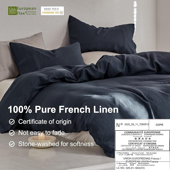 TOSMO Linen Duvet Cover Set, 100% French Flax Natural Linen Bedding 3pcs Set, Soft Breathable for Hot Sleepers 1 Duvet Cover and 2 Pillowcases (Blue Grey, Queen)