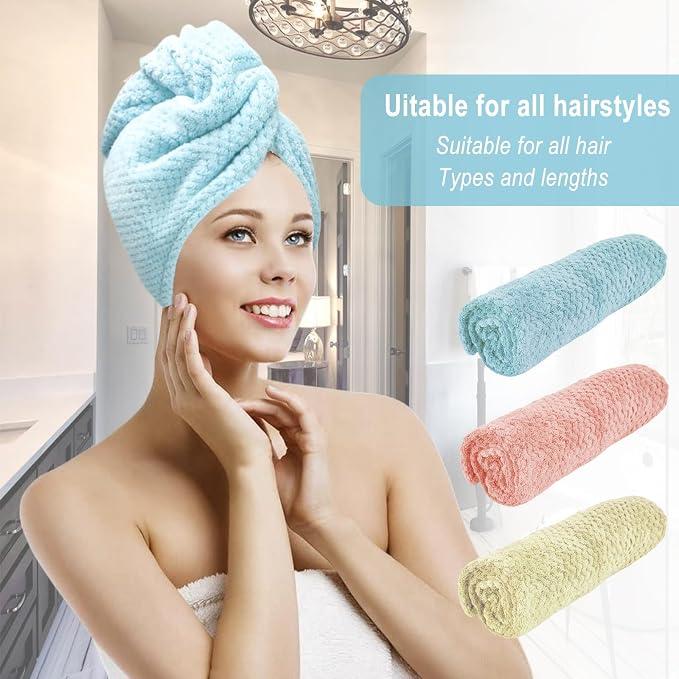 3 Pack Microfiber Hair Dring Towel Wrap for Women,Fast Drying Hair Turban, for All Hair Style Anti Frizz, Large Hair Towel with Button(Yellow Orange Blue)