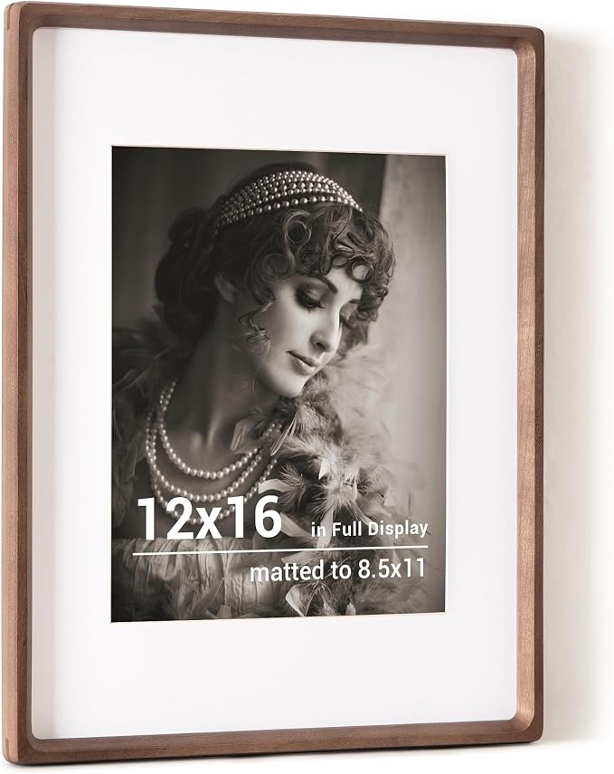 12x16 Picture Frame, USA-Sourced Walnut Wood Photo Frames with HD Tempered Glass, Handcrafted Rounded Corner 12 x 16 Wooden Frames Matted to 8.5x11 Photos, Horizontal or Vertical Wall Display