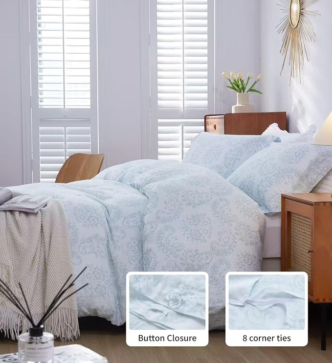 100% French Flax Linen Duvet Cover Set King Size, 3pcs Digital Botanical Printed Paisley Floral Bedding Comforter with Button Closure and 8 Corner Ties, Vintage Country Style(Paisley, King)