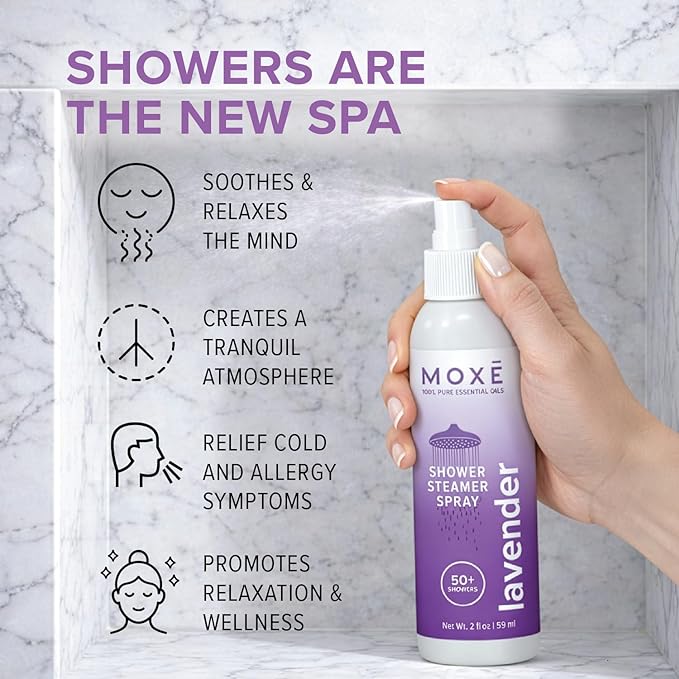 MOXĒ Shower Steamer Spray Lavender Essential Oil Shower Spray – Relaxing Aromatherapy Mist for Home Spa Experience – Pure Plant Based Fragrance for Daily Routine – 1 Pack, 2oz