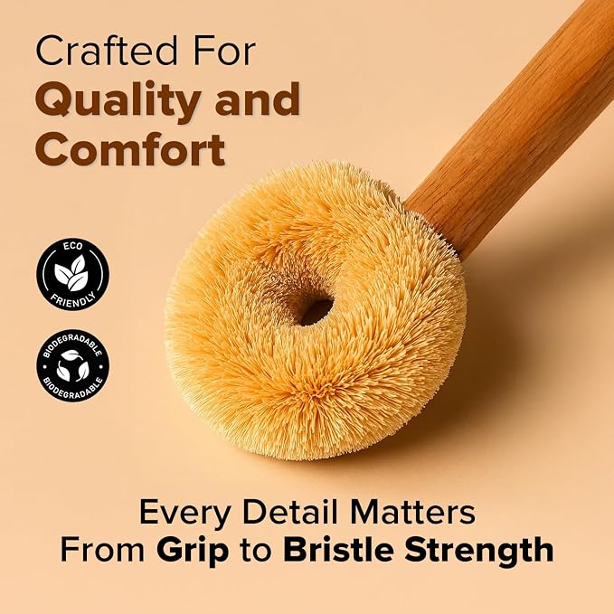 Coconut Fiber Dish Brush with Handle – Natural Dish Scrubber Brush for Kitchen Sink & Pots – Eco-Friendly Dish Cleaning Brush with Built-in Scraper, Sink Scrubber, and pan Cleaning Brush