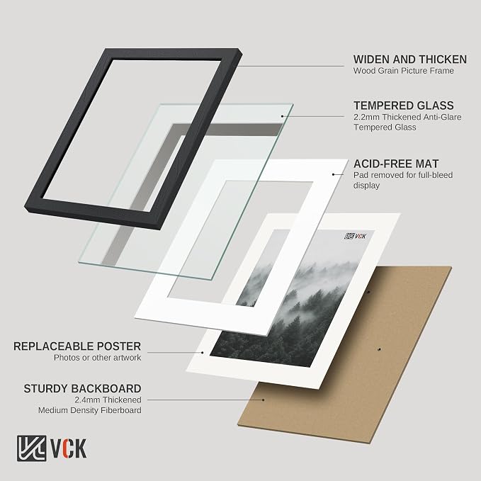 VCK 11x14 Picture Frames Black 3 Pack, Wide Border Solid Wood, Tempered Glass, Display 8x10 Photo with Mat or 11 x 14 Without, for Home, Office, Gallery, Woodgrain Series, Wall Hanging