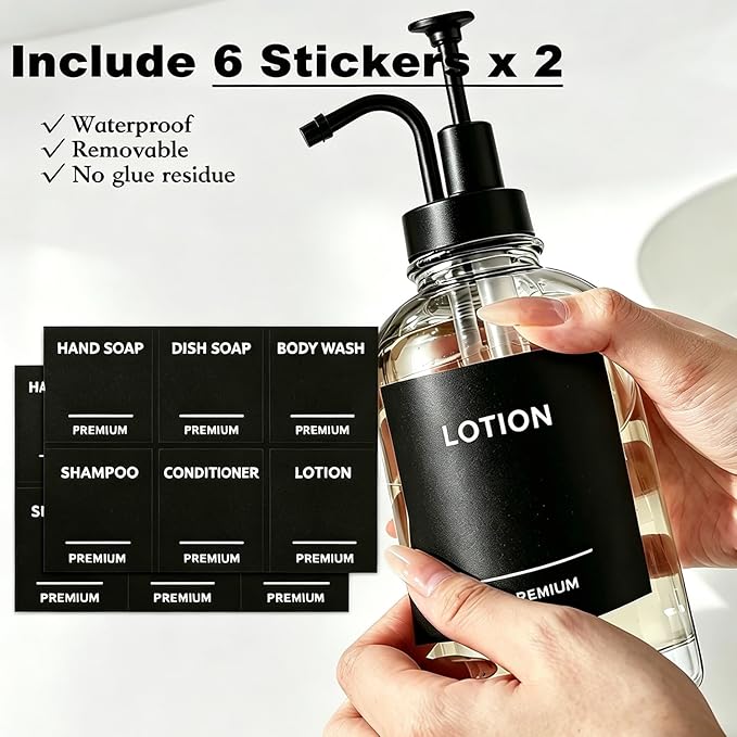 12oz Dish Soap Dispenser for Kitchen, Hand Glass Soap Dispenser Set with Pump, Tray, Funnel for Bathroom, Shower, Laundry, Liquid, Lotion (Black 2 Pack Clear Bottles with 12 Stickers)