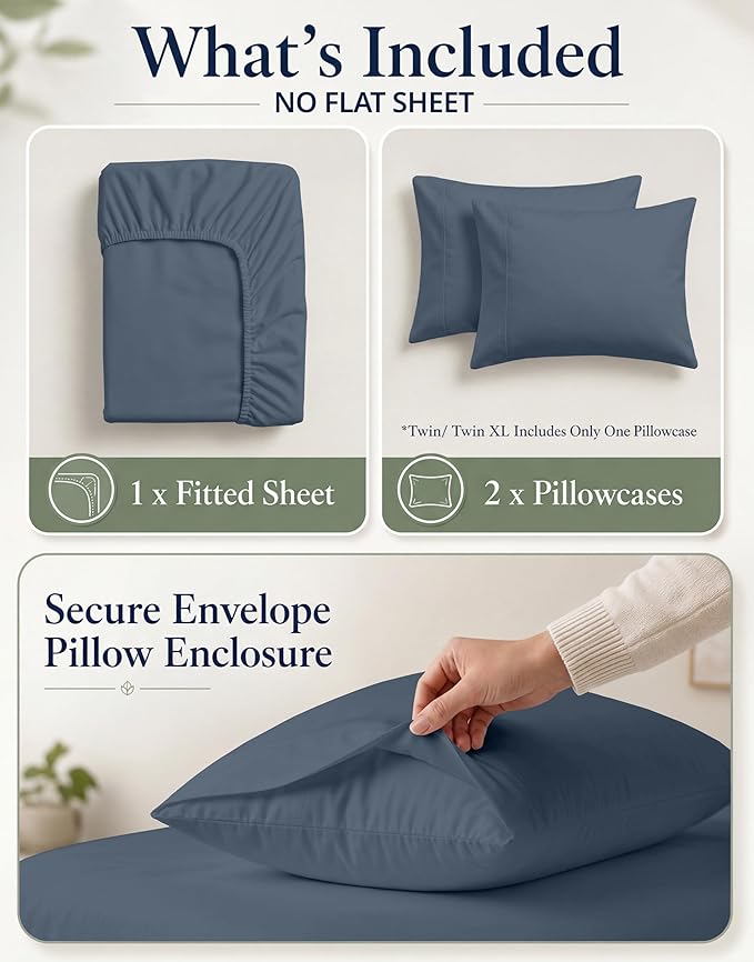LANE LINEN 100% Organic Queen Size Fitted Sheet(+Pillowcases), Soft & Comfy Fully Elasticized Naturaly Temperature Regulating for Hot Sleepers Deep Pocket Fits Mattress Upto 15"- Estate Blue