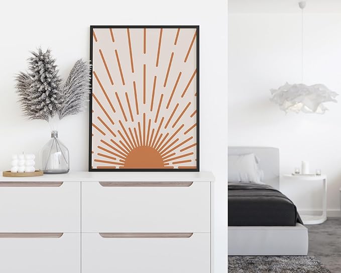 Minimalist Sunburst Wall Art Abstract Geometric Arch Earth Tones Terracotta Mid Century Modern 12x16 Inch Oak Wood Black Framed Boho Sunrise Print for Bedroom Living Room Decor