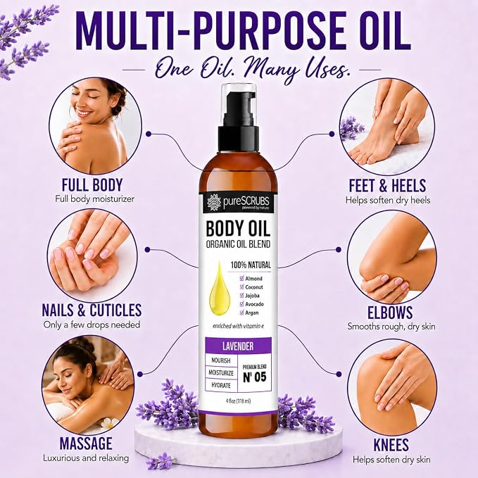 pureSCRUBS Ultra Moisturizing Lavender Body Oil for Dry Skin, 4 oz | Luxurious After Shower Body Oil for Soft, Silky, Glowing Skin, Non-Greasy, Fast Absorbing & Hydrating Formula with Vitamin E
