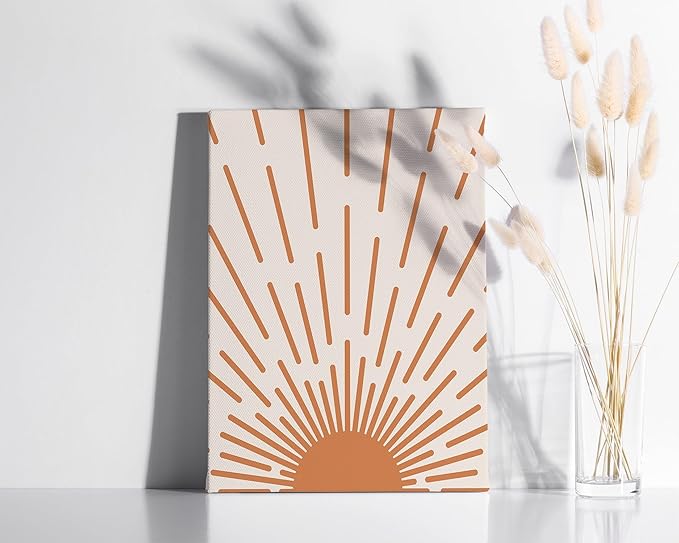 Minimalist Sunburst Wrapped Canvas Wall Art Abstract Geometric Arch Earth Tones Terracotta Mid Century Modern 12x16 Inch Gallery Stretched Modern Home Art Decor