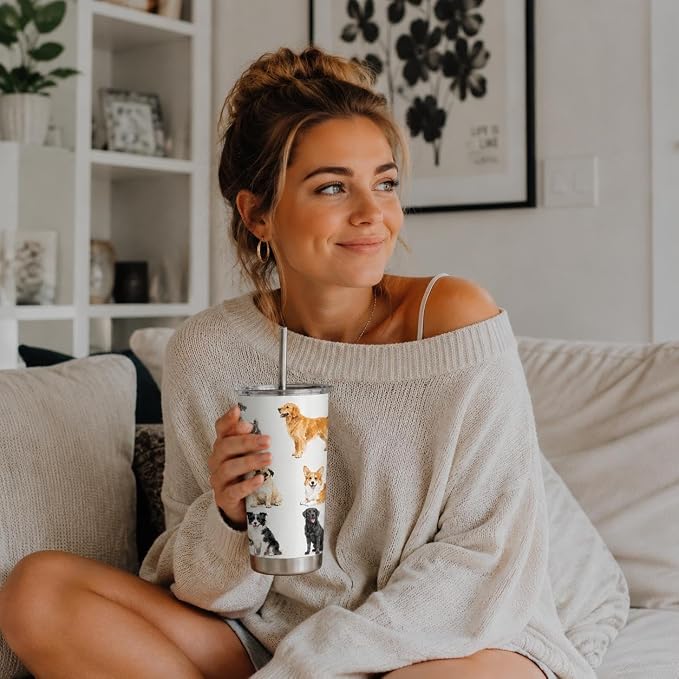 Cute Dog Tumbler, Gift for Women Girls Dog Lovers, 20 oz Stainless Steel Coffee Travel Mug with Straw, Vacuum Cup for Holiday, Birthday, Thanksgiving and Christmas