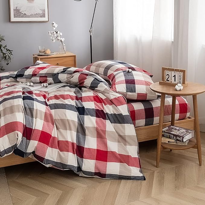 FACE TWO FACE Bedding Duvet Cover Set100% Washed Cotton Duvet Cover Linen Like Textured Breathable Durable Soft Comfy(Full, Blue red Grid)