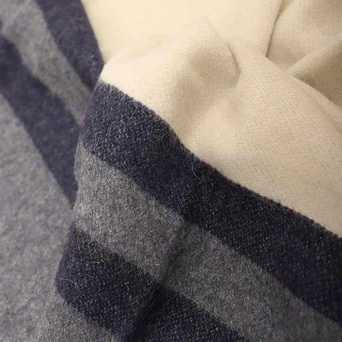 Superfine Alpaca Wool Throw Blanket - Lightweight Alpaca Merino Wool Throw Blankets | Soft Peruvian Alpaca Blanket Wool Blanket Striped Design 63" x 52" (Ivory/Blue Jean/Navy Blue)