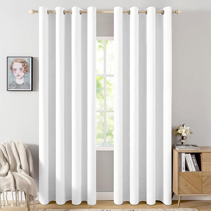 MIULEE 100% Blackout Linen Textured Curtains for Bedroom Solid Thermal Insulated Bright White Grommet Room Darkening Curtains & Drapes Luxury Decor for Living Room 52 x 96 Inch (2 Panels)