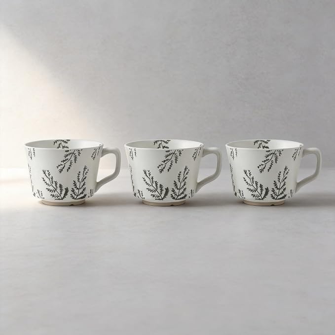 4 Pack Speckled Ceramic Coffee Mugs, 12oz Vintage Green Fern Leaf Large Tea Cups, Rustic Handmade Style Drinking Mugs for Coffee Tea Cocoa Milk, Dishwasher Microwave Safe, Housewarming Gift Set