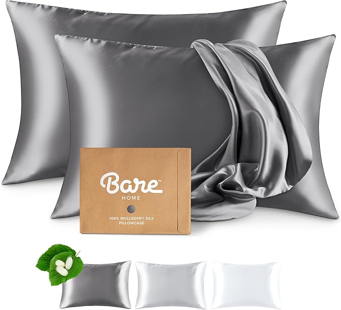 Bare Home 100% Mulberry Silk Pillowcase for Hair and Skin - Ultra Premium 6A Grade 19 Momme Silk Pillow Case - Hidden Zipper - Breathable Cooling Pillow Cover (Standard 2 Pack, Grey)