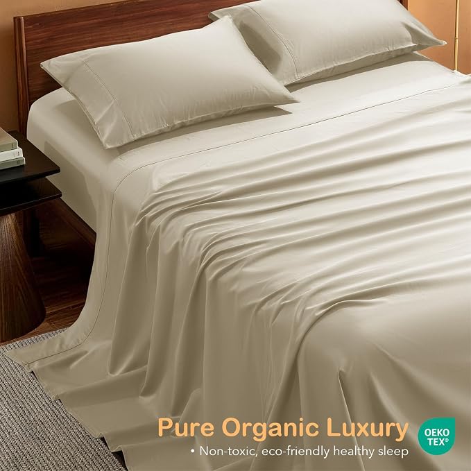 SONORO KATE 100% Organic Cotton Sheets Set - 1000 High Thread Count, GOTS Certified Long Staple Cotton Bed Sheets, Soft, Breathable 5-Star Hotel Sheets, 16" Deep Pockets - 4 PC (Linen,Queen)
