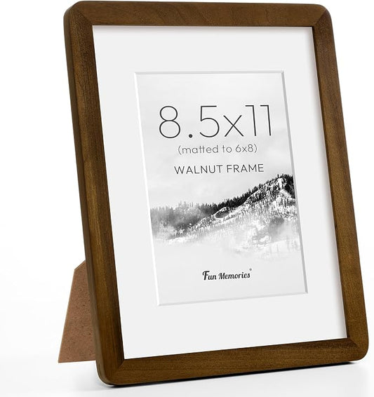 Fun Memories 8.5x11 Picture Frame - Solid Walnut Wood Diploma & Certificate Frame, 8.5x11 Frame with Mat for 6x8 Photos, Tabletop and Wall Display with Real Glass, Natural Walnut
