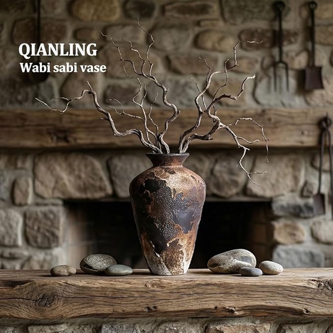 Wabi Sabi Decor Rusty Vintage Vase - 8.7" Tall Rustic Farmhouse Wabi Sabi Vase for Centerpiece, Pottery Stone Flower Vases for Home Decor, Table, Living Room, Bedroom, Bathroom, Kitchen (Smoky Earth)
