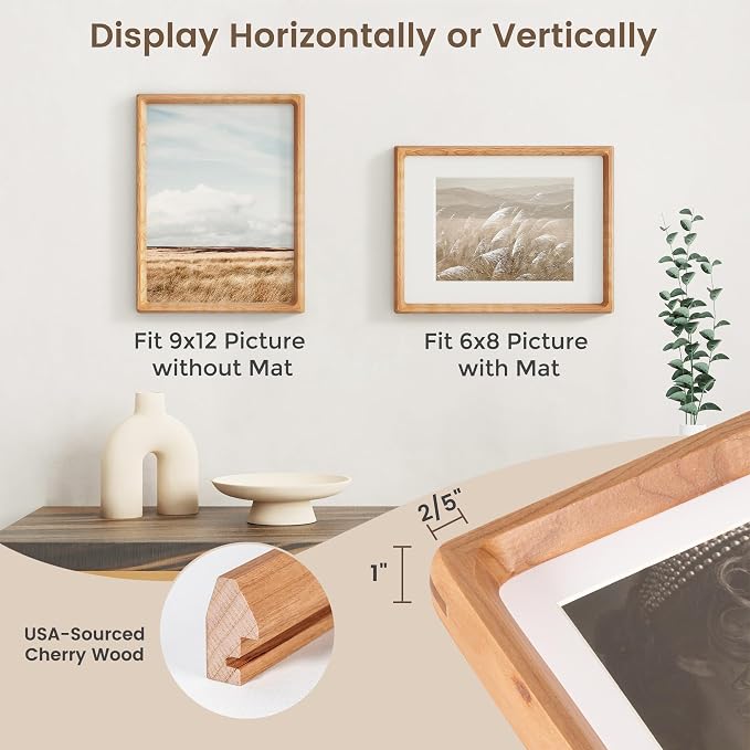 Fun Memories 9x12 Picture Frame, USA-Sourced Cherry Wood Photo Frames with HD Tempered Glass, Handcrafted Rounded Corner 9 x 12 Wooden Frames Matted to 6x8 Photos, 9x12 Frame, Tabletop or Wall Display