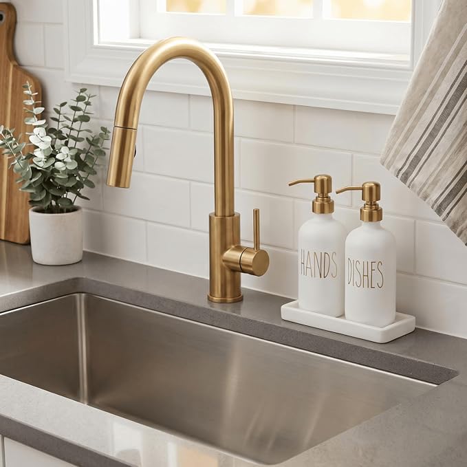MOMEEMO Kitchen Soap Dispenser Set, Contains Dish Soap Bottle and Hand Soap Bottle with Ceramic Tray, Suitable for Kitchen Decor and Accessories. (Gold)