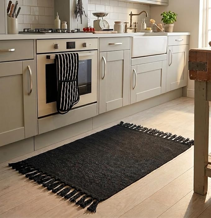 Seavish Black Kitchen Rug, 2x3 Cotton Hand Woven Recycled Throw Rug Runner Braided Entryway Floor Mat for Laundry Room Bathroom Bedroom Dorm