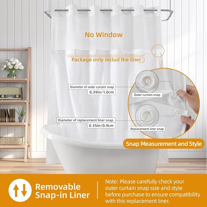 eachope 1 Pack Long Fabric Snap-in Shower Curtain Liner Replacement,Compatible with No Hook Shower Curtain with Snap in Liner, Removable & Water-Repellent,Machine Washable,70x60,White