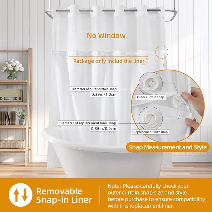 eachope 2 Pack Fabric Snap-in Shower Curtain Liner Replacement,Compatible with No Hook Shower Curtain with Snap in Liner, Removable & Water-Repellent,Machine Washable,70x57,White