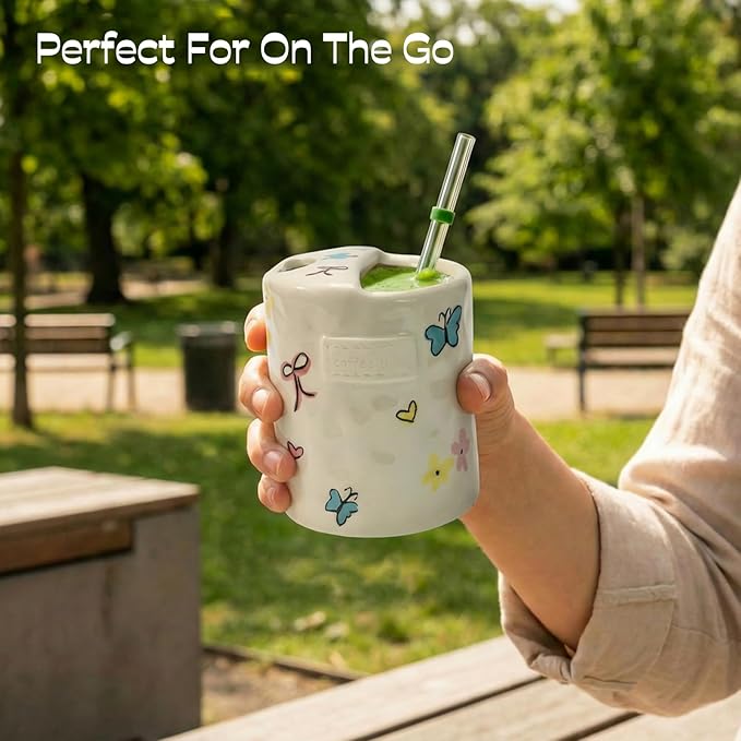 Ceramic Travel Mug with Half Lid, Handmade Butterfly Pottery Mug, Ceramic Coffee Mugs Porcelain Coffee Cup Use for Kitchen Dining Office, White