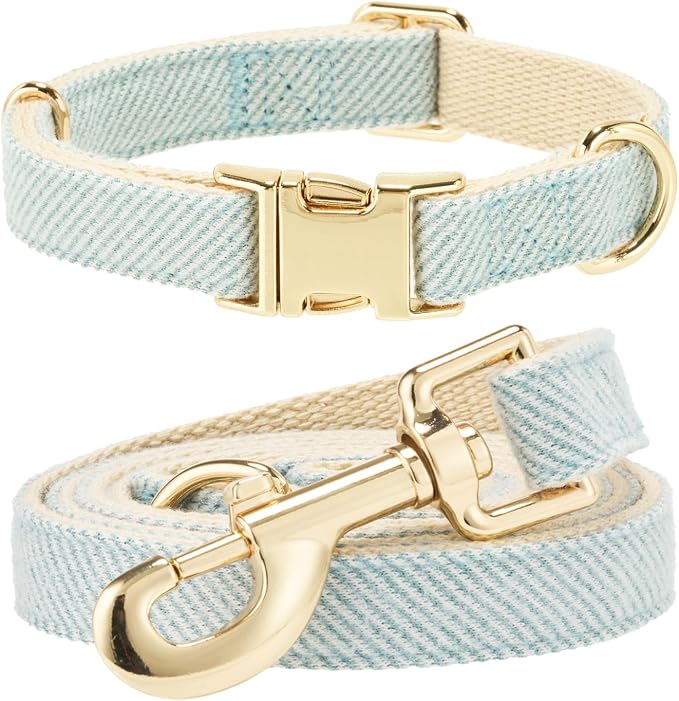 Luxury Soft Cotton Tweed Fabric Dog Collar & Leash Set with Gold Buckle – Durable Fabric, Stylish Design for Everyday Walks(Large LtBlue)