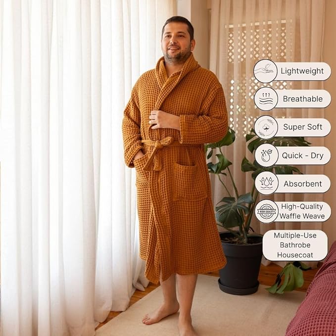 100% Turkish Cotton Men's Waffle Robe with Hooded, Premium Soft Cozy Housecoat or Quick-Dry Bathrobe for Mens