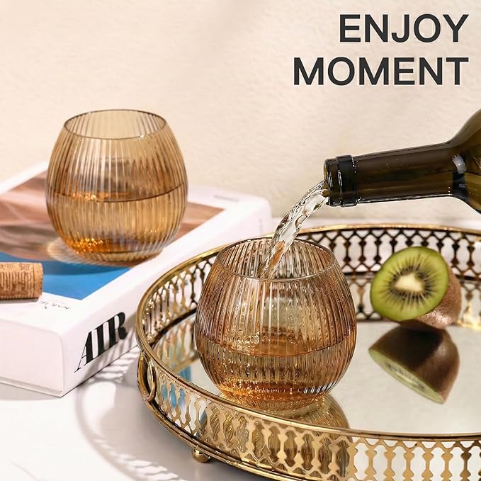 JOVGANK Brown Ribbed Drinking Glasses Set of 6-10.8 OZ Stemless Wine Champagne Whiskey Cocktail Glass, Reusable Wine Cups for Home Party Wedding Bar