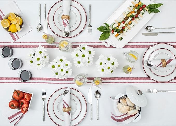 Solino Home Striped Linen Placemats Set of 4-100% Pure Linen Burgundy and White Place Mats 14 x 19 Inch - French Stripe