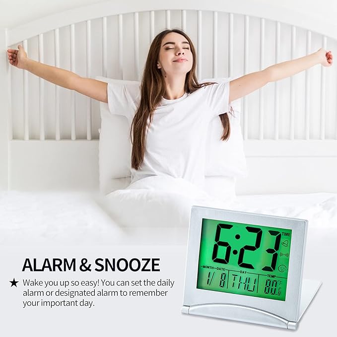KANBIT Small Digital Travel Alarm Clock Battery Operated, Portable LCD Large Display Alarm Clock with Backlight, Temperature Desk Clock -Silver(Green Light)