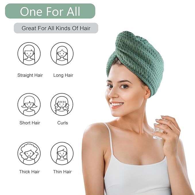 Dolwis Microfiber Hair Drying Towel - 2Packs Waffle Long Hair Head Turban Wraps Terry Cloth Fast Absorbent Dry Anti Frizz Twist Plopping Curly Shower Turban for Women Wet Hair (Green)