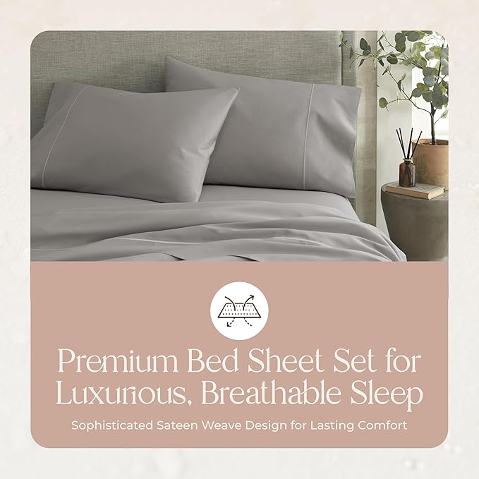 100% Organic Cotton Sheets Queen Size - GOTS Certified Organic Bed Sheets with Deep Pocket 300 Thread Count & Cozy Sateen Weave Softer with Each Wash - Luxury 4 Piece Set (Classic Grey, Queen)