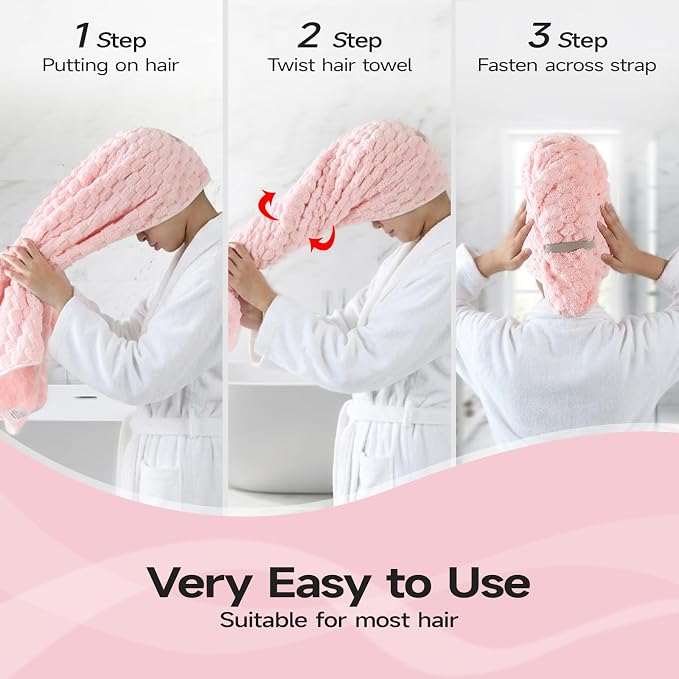 REDKISS 4 Pack Extra Large Hair Towels - Microfiber Hair Towel Wrap for Women, 23 x 47 inches Hair Towels with Elastic Strap, Super Soft Hair Drying Towels for Long, Thick, Curly Anti Frizz Turbans