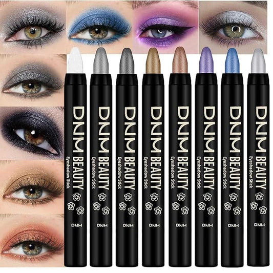 8Pcs Glitter Eye Shadow Sticks Liner Pencils Makeup, Pearl White Smokey Black Gray Silver Violet Purple Khaki Royal Blue Shimmer Glitter Eyeliner Pencil Cream Eyeshadow Palette Makeup for Older Women