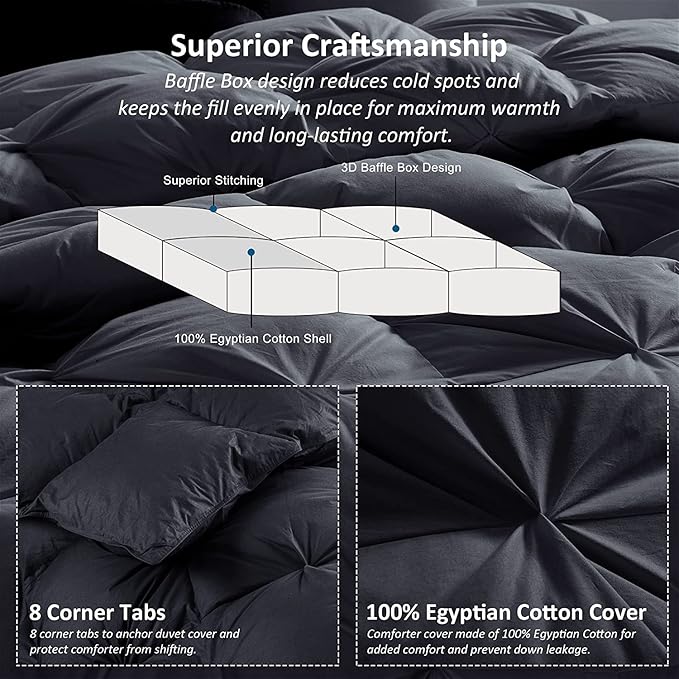Luxurious Palatial King/Super King Goose Down Comforter, 120 X 90 inches, Unique Black Pinch Pleat, 600 Thread Count, 100% Egyptian Cotton Cover, 85 Oz Fill Weight, 750 Fill Power