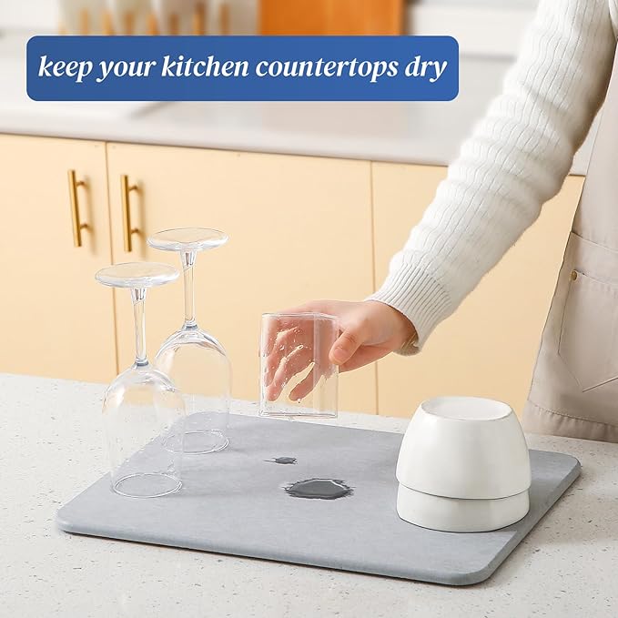 Quick Dry Stone Drying Mat for Kitchen Counter, Water-Absorbent Diatomaceous Dish Drying Mats, Multi-Purpose Stone Drying Tray for Cups Dishes Bottles
