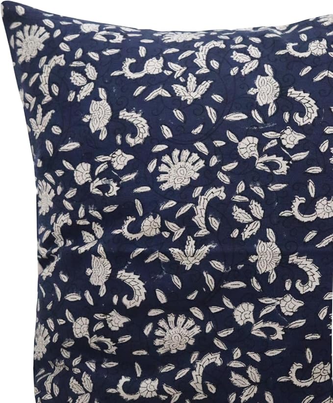 Hand-Block Printed, Artisan-Made Neutral Accent Throw Pillow Covers- 100% Cotton Cushion for Sofa, Bed, Chair, Home Decor, Boho, Indoor - Lina (Deep Blue, 20" x 20" (Pack of 2))