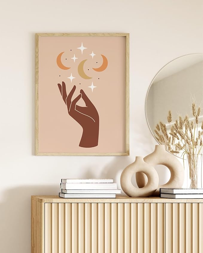 Mystical Hand Wall Art Celestial Moon and Stars Print Earth Tones Terracotta Mid Century Modern 12x16 Inch Oak Wood Beige Framed Spiritual Decor for Bedroom