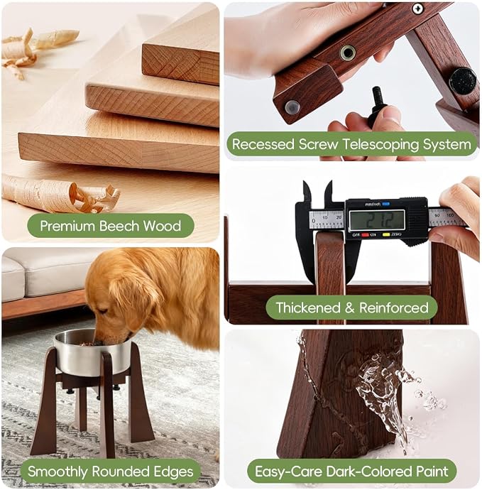 Elevated Bowl Stand 12-inch with Heavy Duty Beech Wood Made, Anti-Vomit Design for Medium Breed, Senior Dogs, Ergonomic Neck Protecting, Adjustable Diameter, Easy Clean Non Toxic