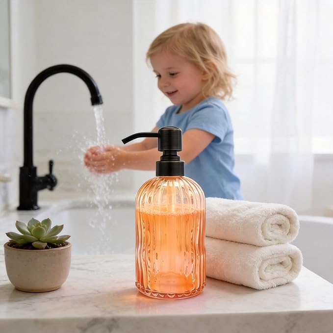 16 OZ Orange Glass Soap Dispenser,Clear Orange Stripe Bathroom Hand Soap Dispensers with Stainless Steel Bronze Pump, Kitchen Hand Soap Dispenser with Oil Rubbed Bronze Pump