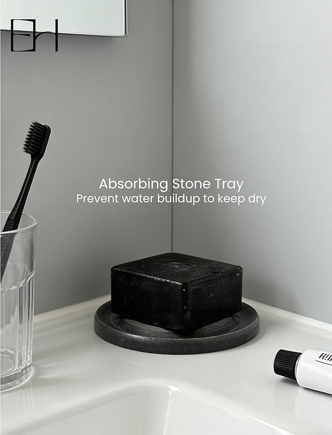 Diatomite Soap Dish with Wave Design, Round Stone Drying Tray, Water Absorbing Stone Tray, Bathroom, Shower & Kitchen (Gray)